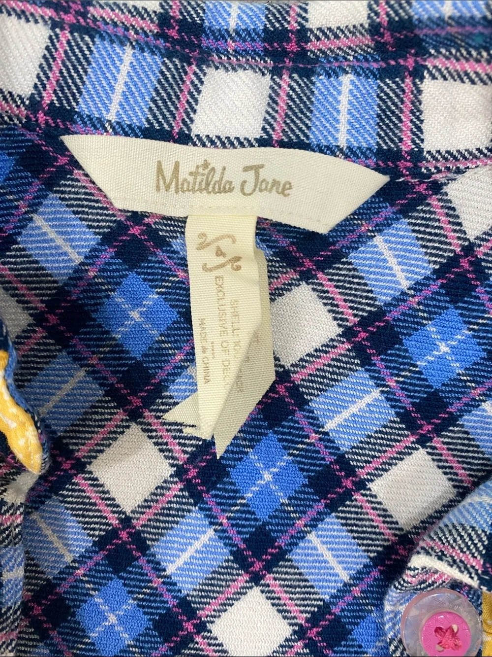 Matilda Jane Blue Plaid Button-Front Shirt with Yellow Ruffle & Floral Cuffs - Picture 2 of 3